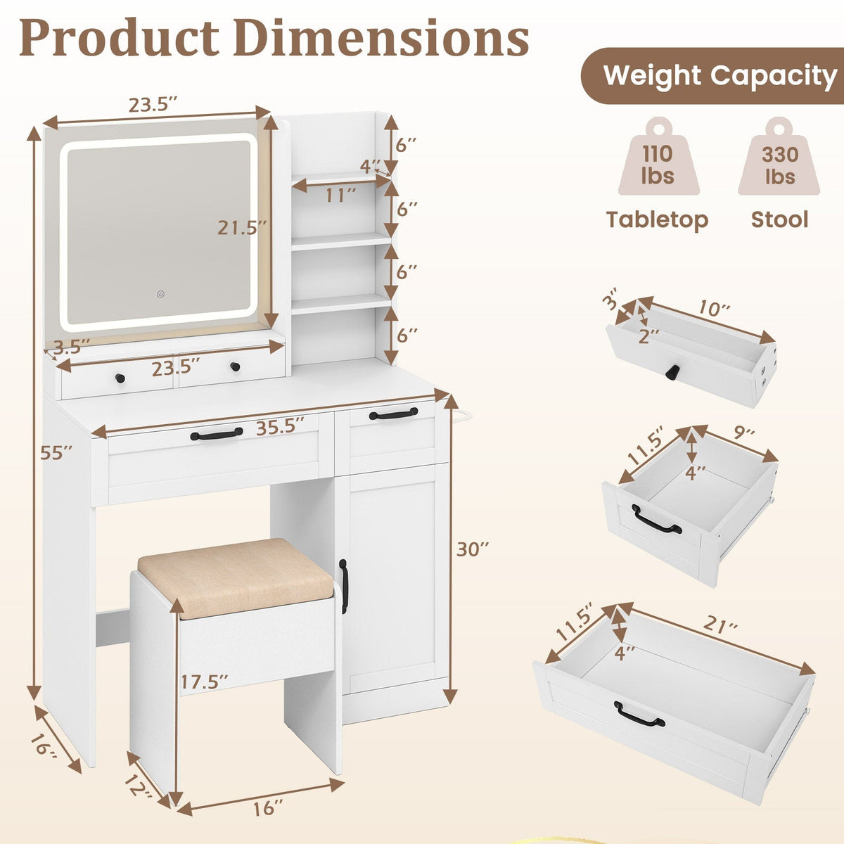 Vanity Set with Mirror and 3 Lighting Modes and Adjustable Brightness-White
