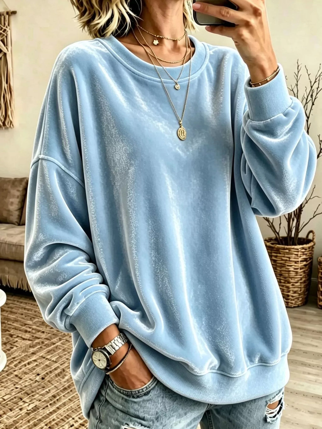 Full Size Loose Fit Velvet Dropped Shoulder Sweatshirt Plus Size