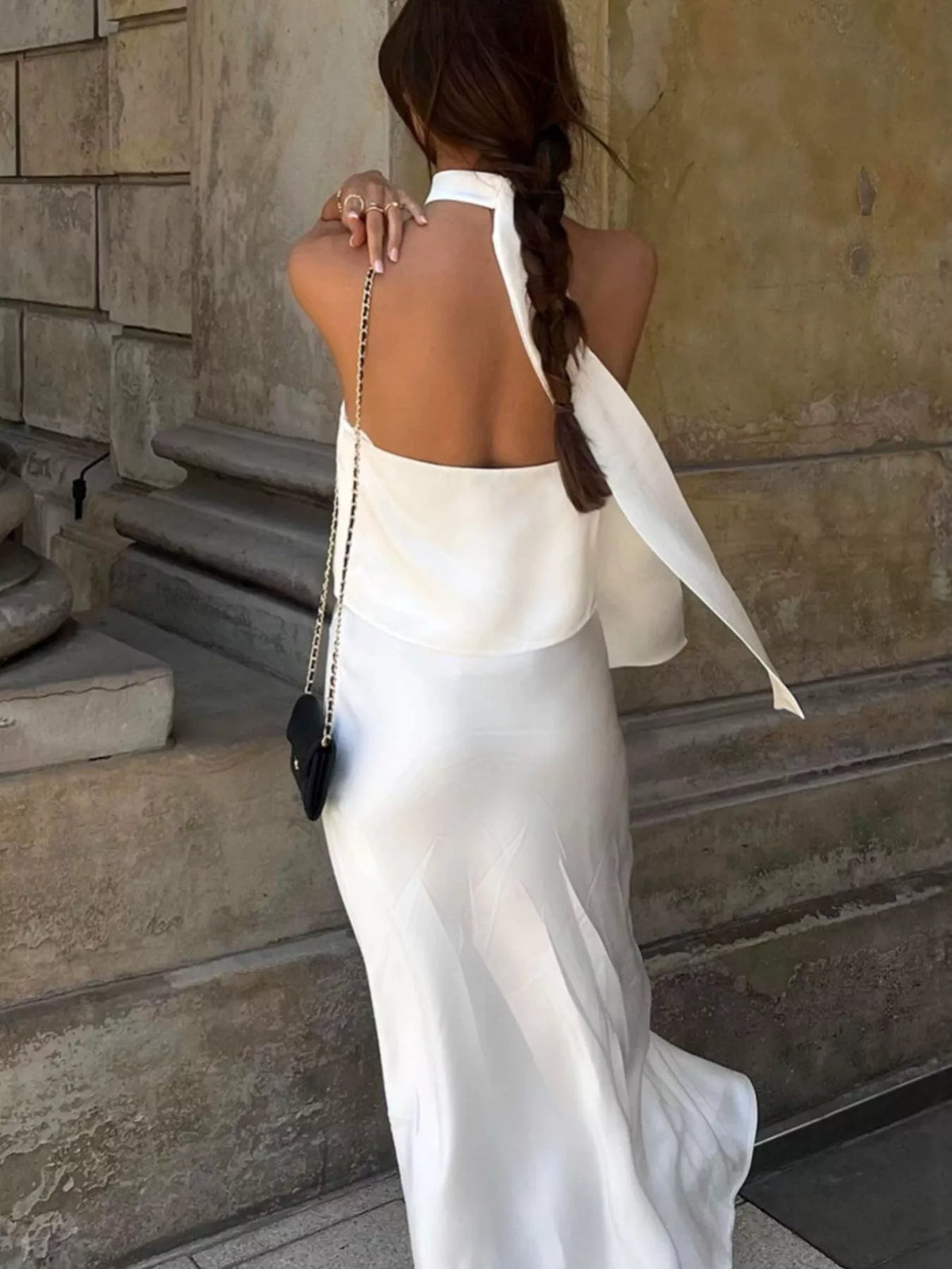 Satin Halter Neck Top and Maxi Skirt Two-Piece Set