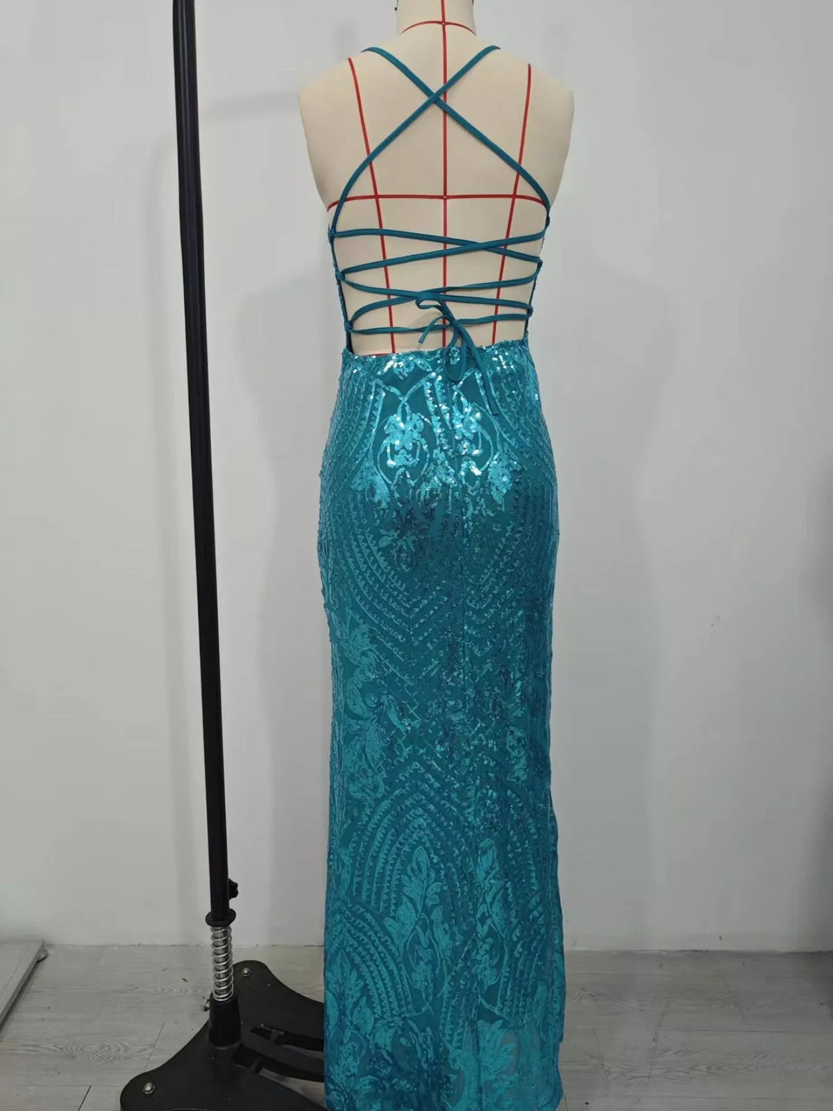 Sequin Embellished Bodycon Backless Evening Dress with Back Lace-Up