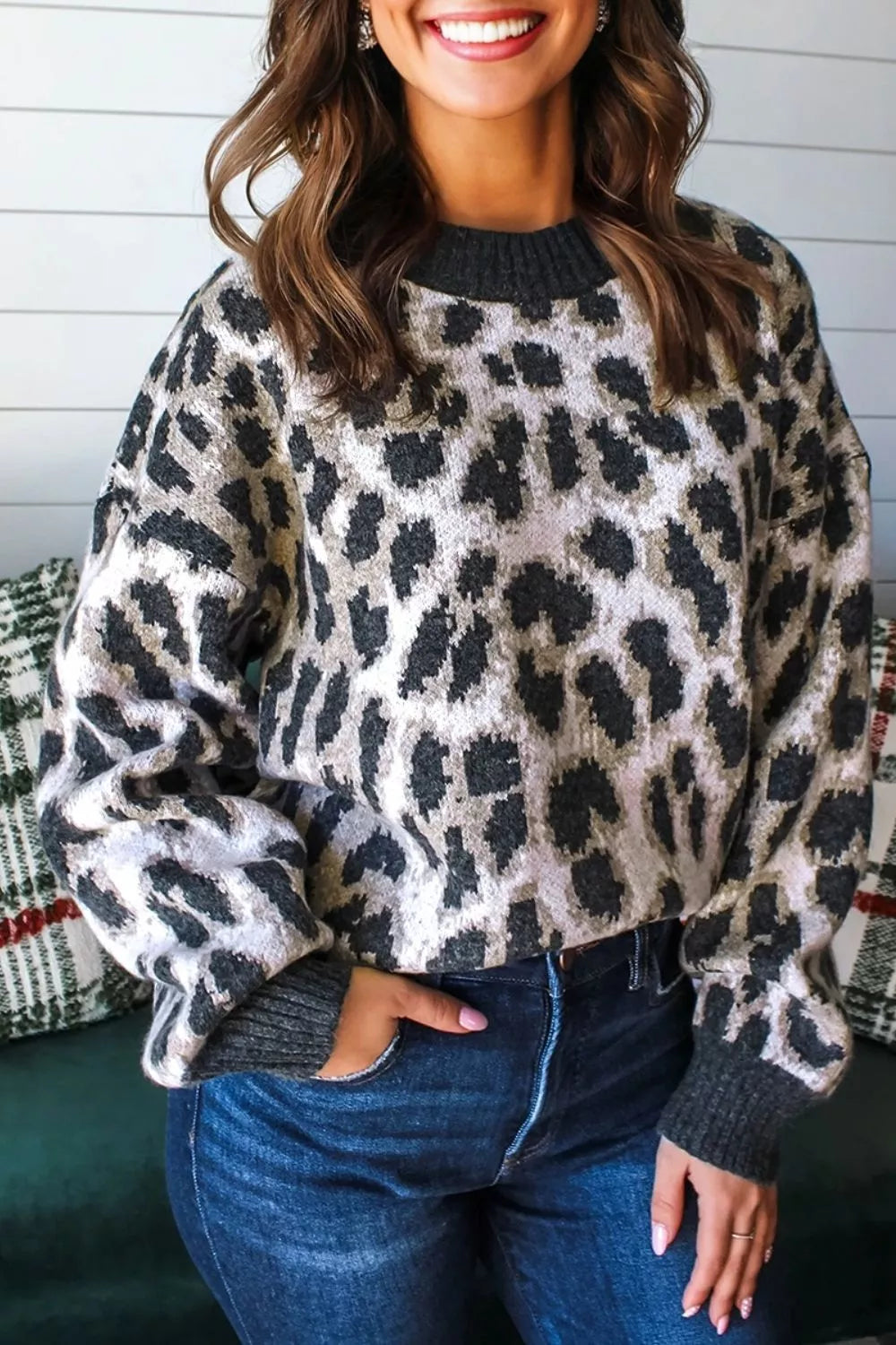 Leopard Drop Shoulder Baggy Sweater