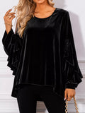 Velvet Round Neck Ruffle Sleeve Top