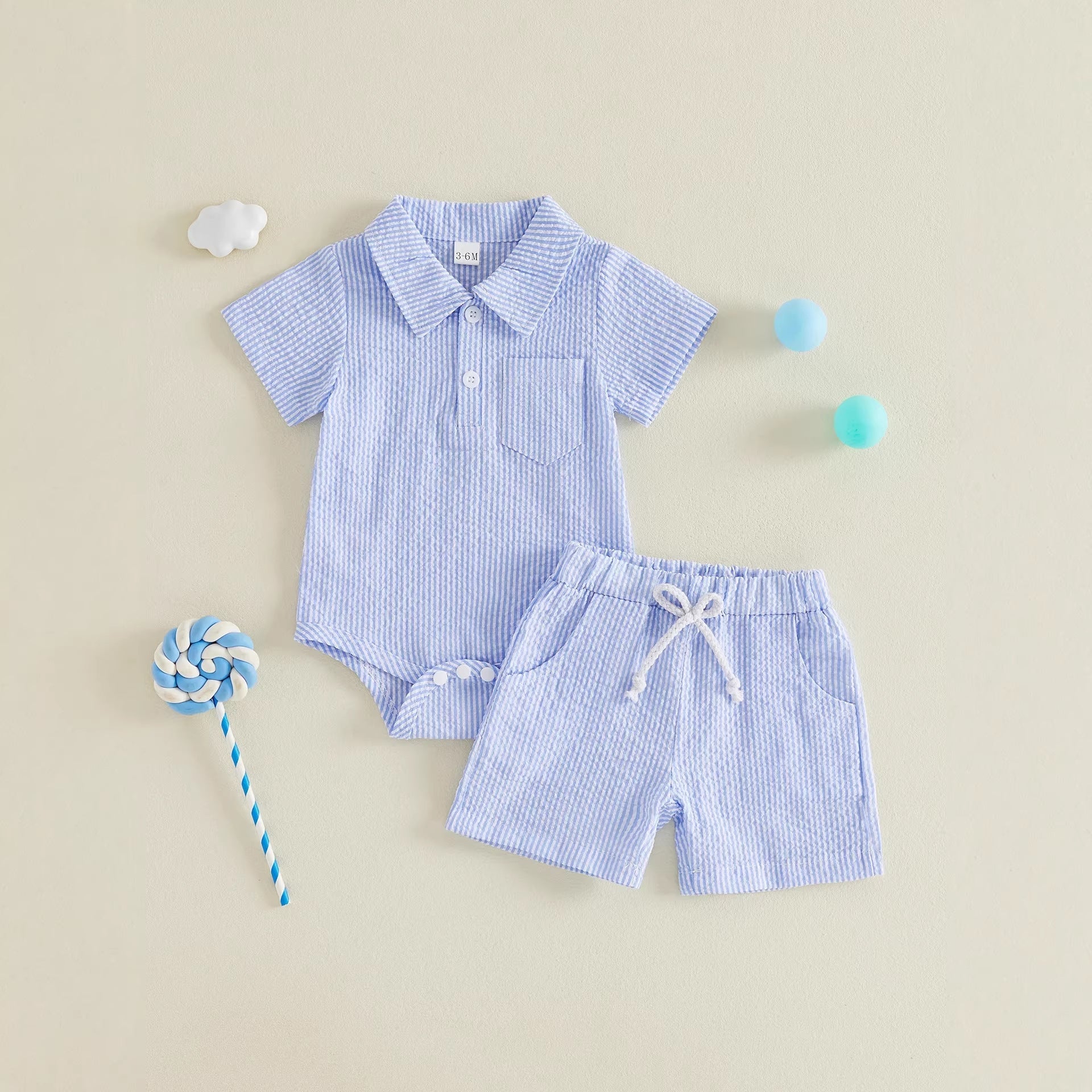 Simple And Casual Waffle-knit Polo-neck Short-sleeve Romper And Shorts Set