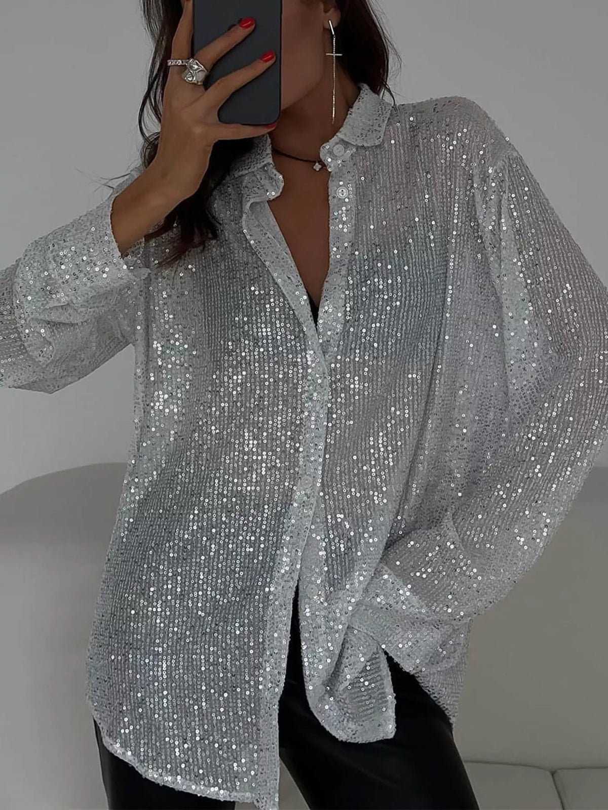 Full Size Sequin Button-Down Shirt Plus Size