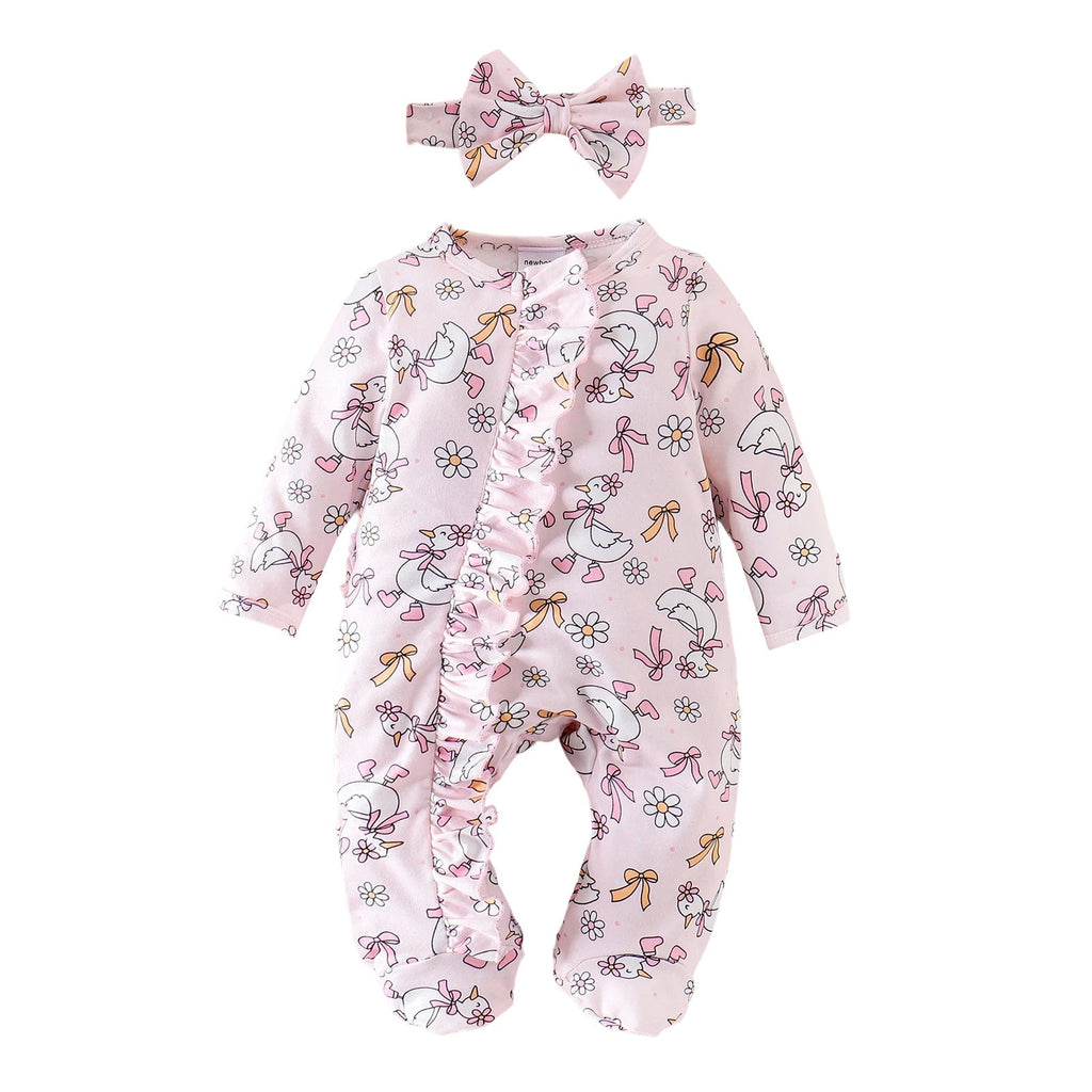 Cute Baby Girl Long-sleeve Bodysuit With A Little Duck Print