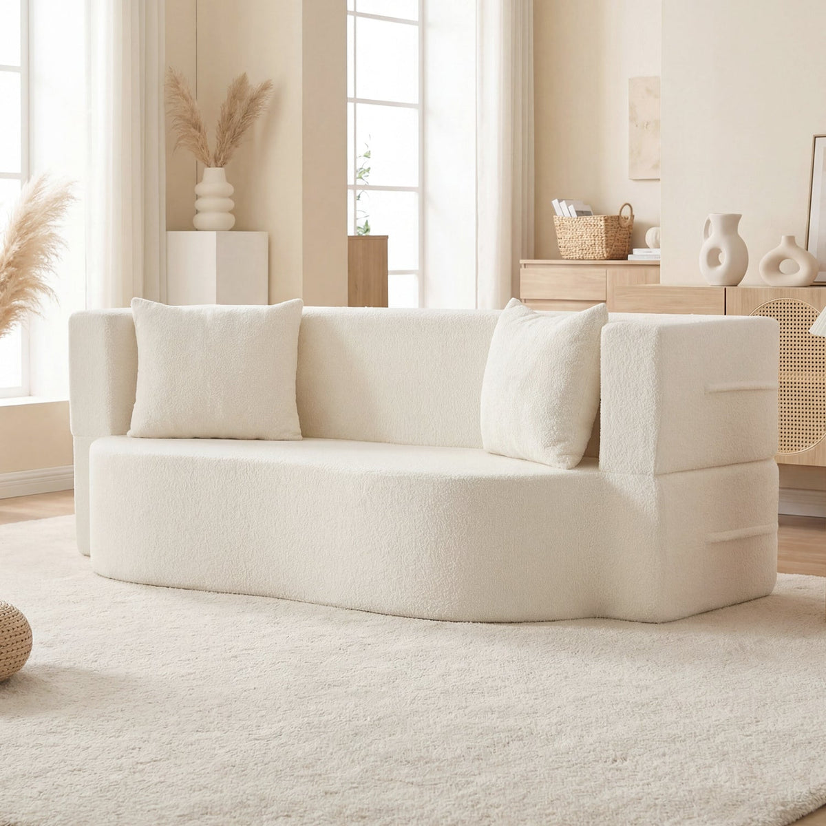 75.5 inch Folding Sofa Bed 2-in-1 Convertible Teddy Fleece Floor Loveseat with 2 Comfortable Pillows