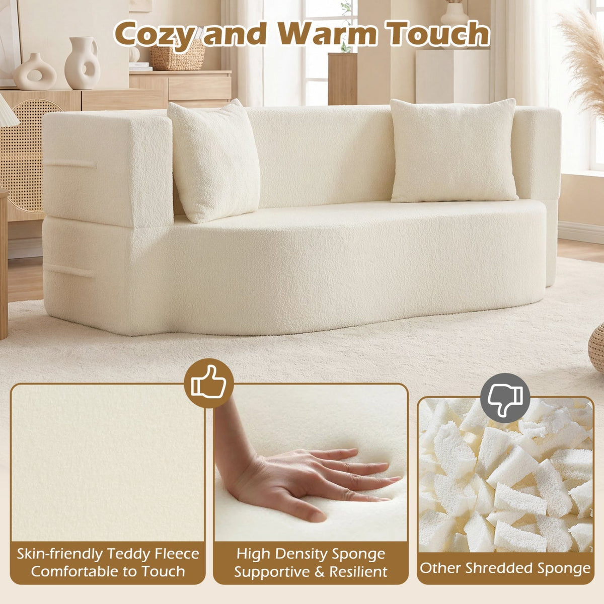 75.5 inch Folding Sofa Bed 2-in-1 Convertible Teddy Fleece Floor Loveseat with 2 Comfortable Pillows