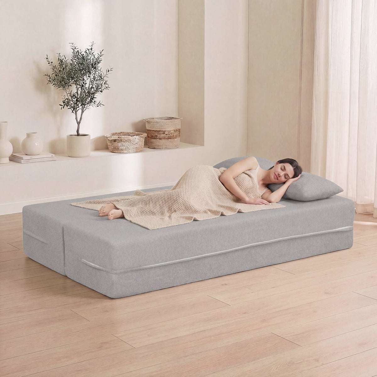 75.5 inch Folding Sofa Bed 2-in-1 Convertible Teddy Fleece Floor Loveseat with 2 Comfortable Pillows