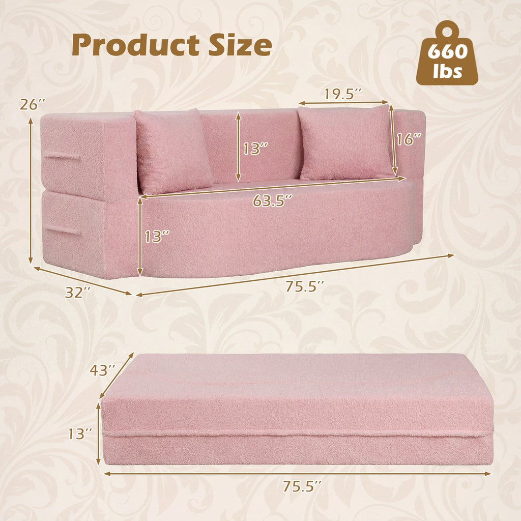 75.5 inch Folding Sofa Bed 2-in-1 Convertible Teddy Fleece Floor Loveseat with 2 Comfortable Pillows