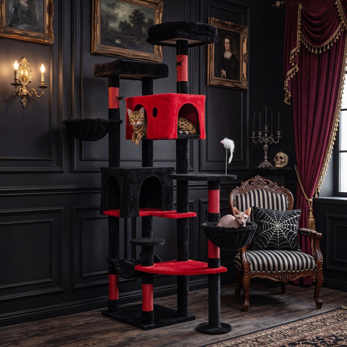 Gothic Cat Tree 75 Inch with Dual Perches and Houses