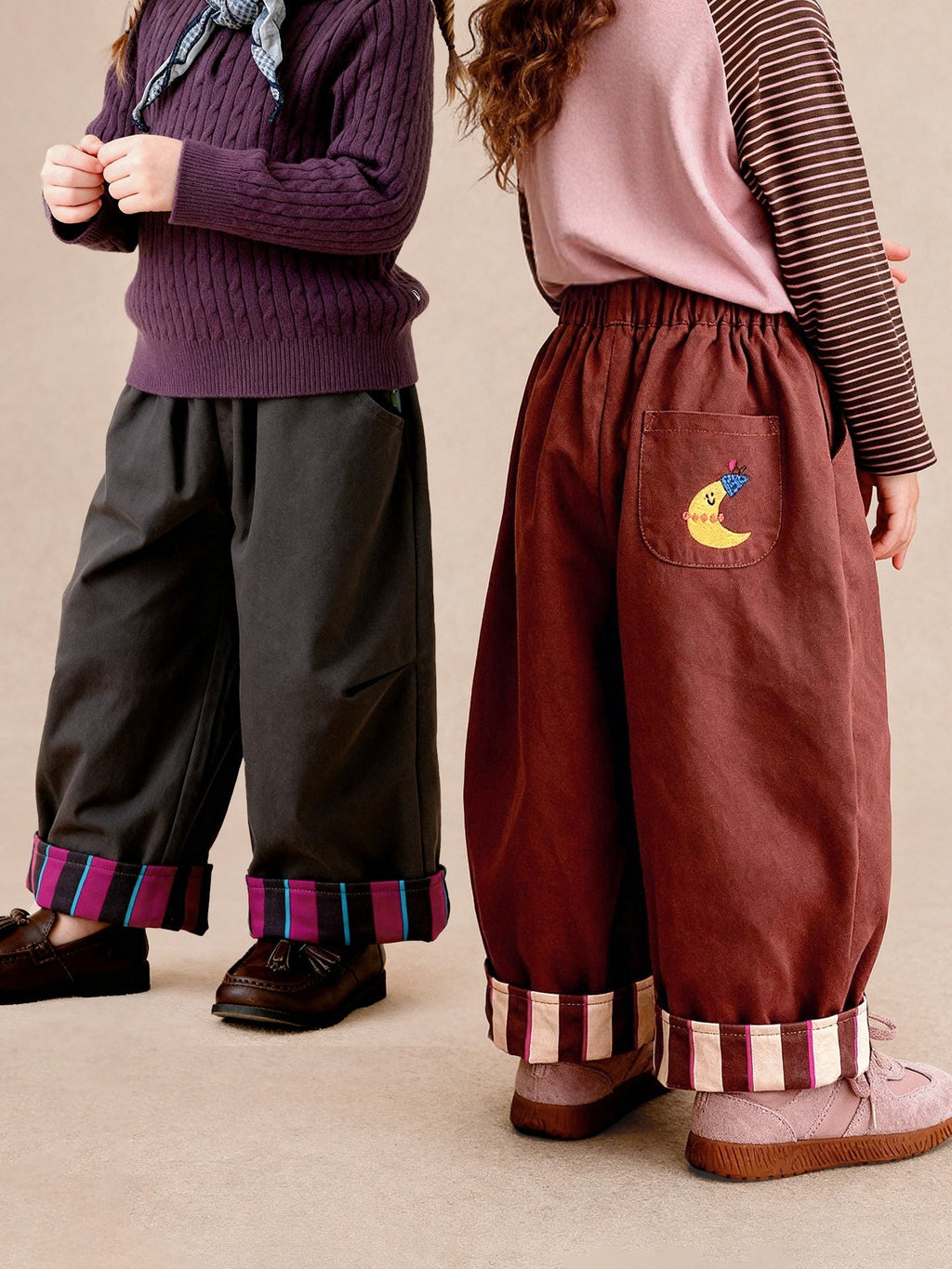Casual Pants With Embroidered Stripes And Rolled Hem Long-length Trousers