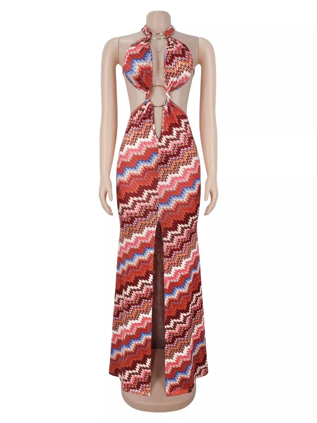 Chevron Print Halter Neck Cut-Out Maxi Dress