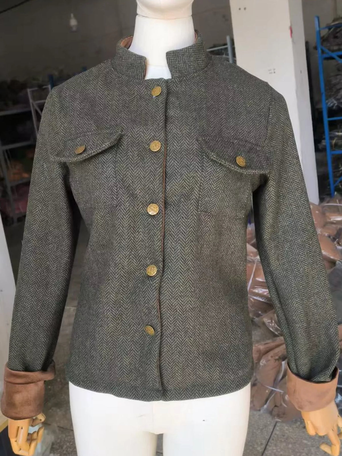 Full Size Vintage Herringbone Tweed Blazer with Velvet Cuffs Plus Size