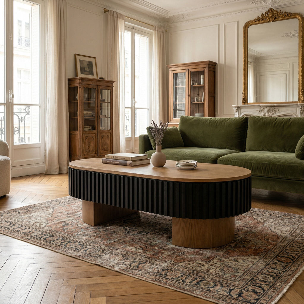 Elliptical Living Room Coffee Table With Hidden Storage And Removable Tabletop