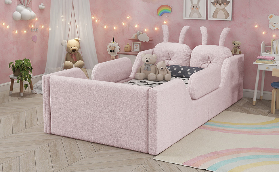 Twin Size Upholstered Platform Bed with Rabbit Cushion – Pink