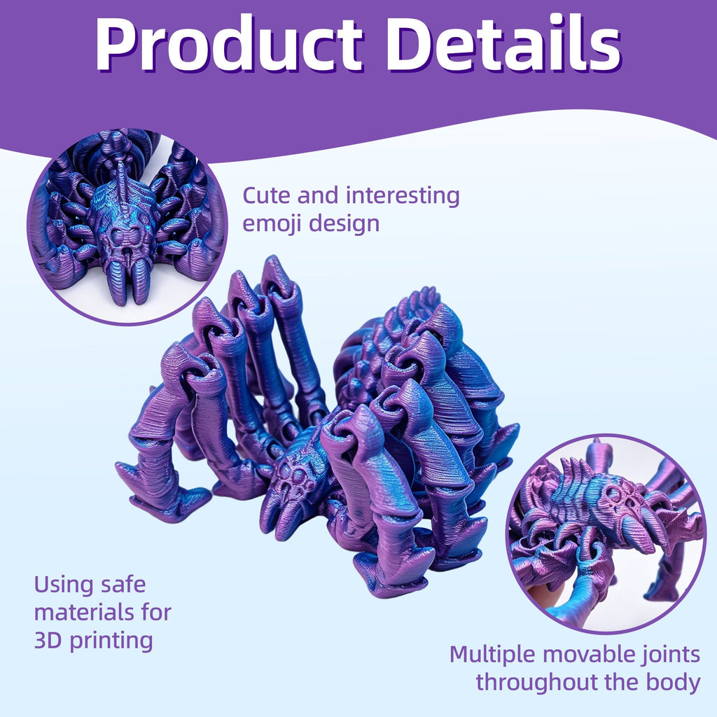 3D Printed Articulated Spider, Flexible Movable Jointed Fantasy Creature Figure, Purple Blue Desktop Fidget Decor For Office Desk Halloween Display