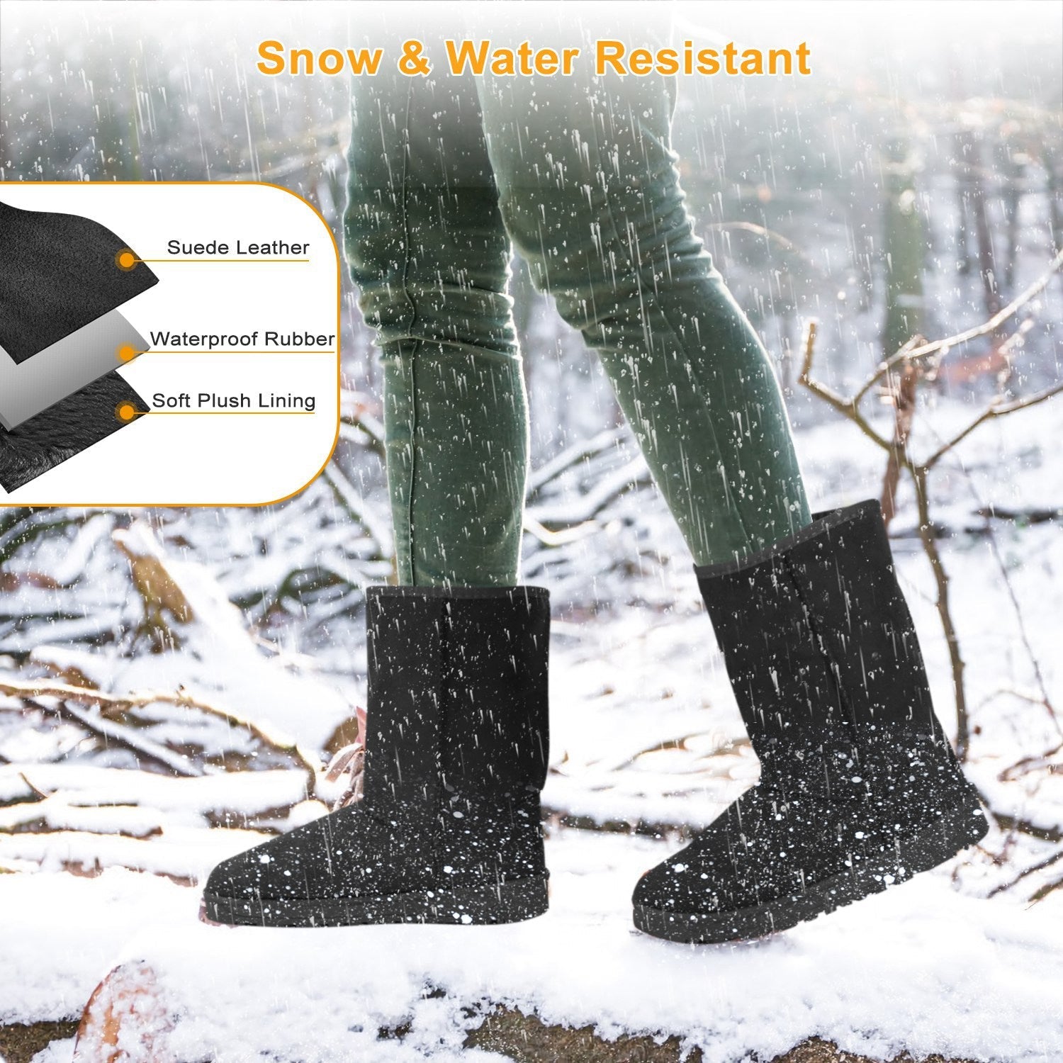 Snow Boots - Waterproof Faux Suede Mid-Calf with Warm Lining