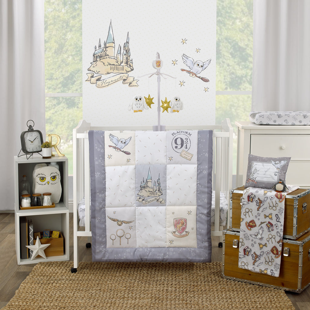 Warner Bros  Harry Potter Magical Moments Grey and White Hogwarts 3 Piece Nursery Mini Crib Bedding Set - Comforter and Two Fitted Mini Crib Sheets