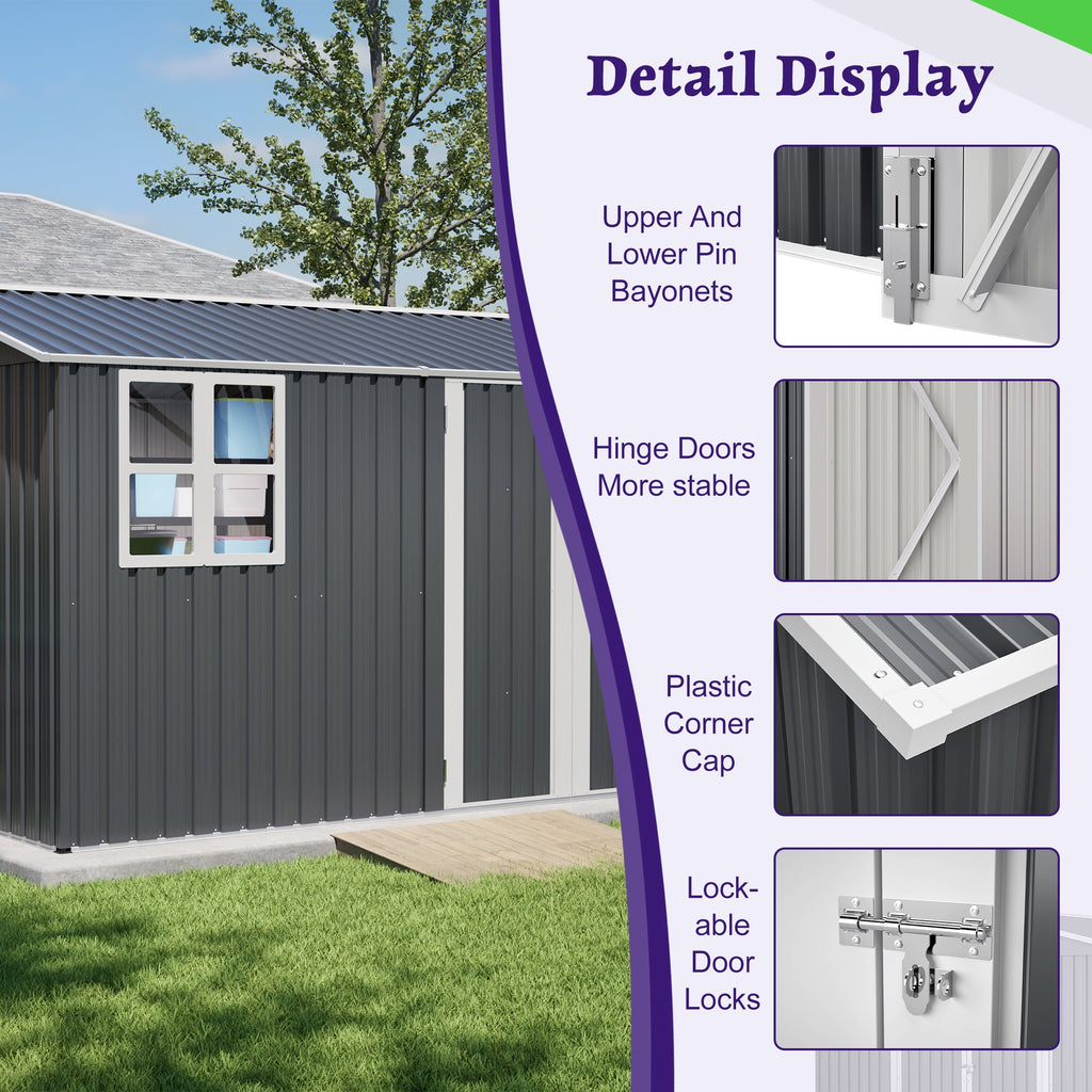 10X8FT Outdoor Steel Storage Shed with Clear Window, Lockable Doors
