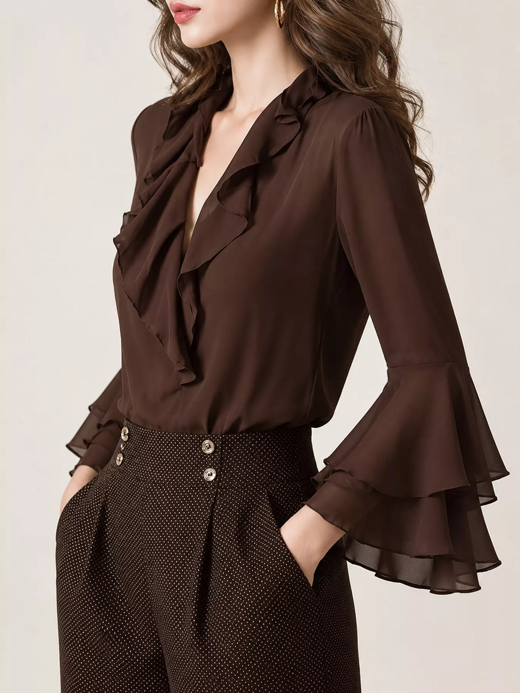 Ruffle-Trim V-Neck Blouse with Bell Sleeves