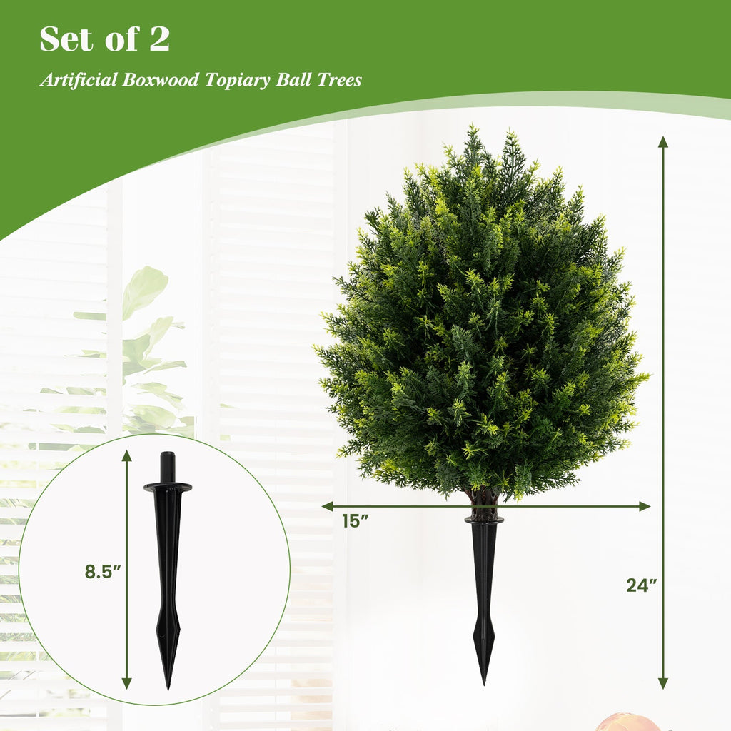 24 Inches Artificial Cypress Topiary Ball Tree Set with Ground Spike-Green