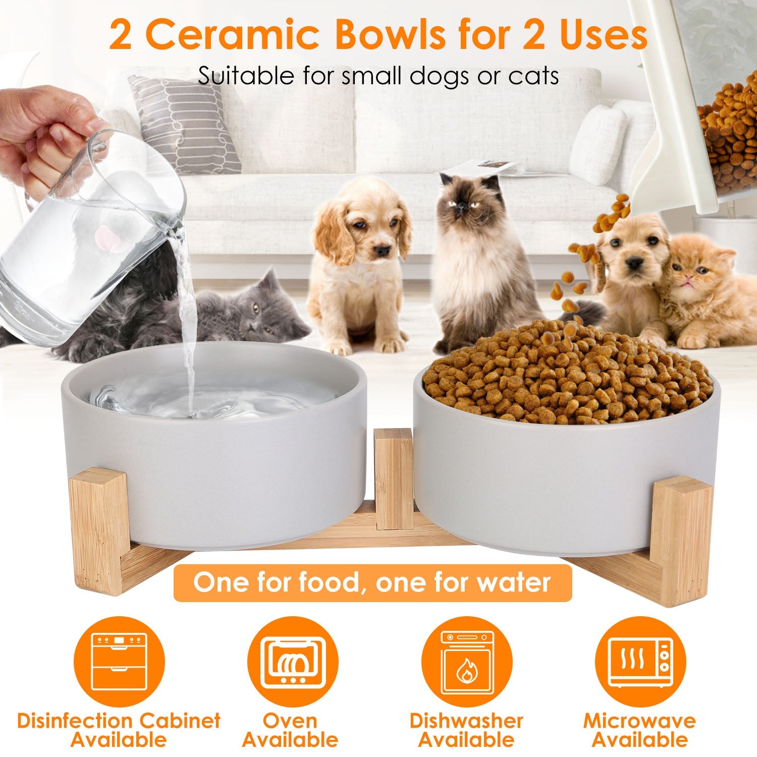 Ceramic Pet Bowls on Wooden Raised Stand