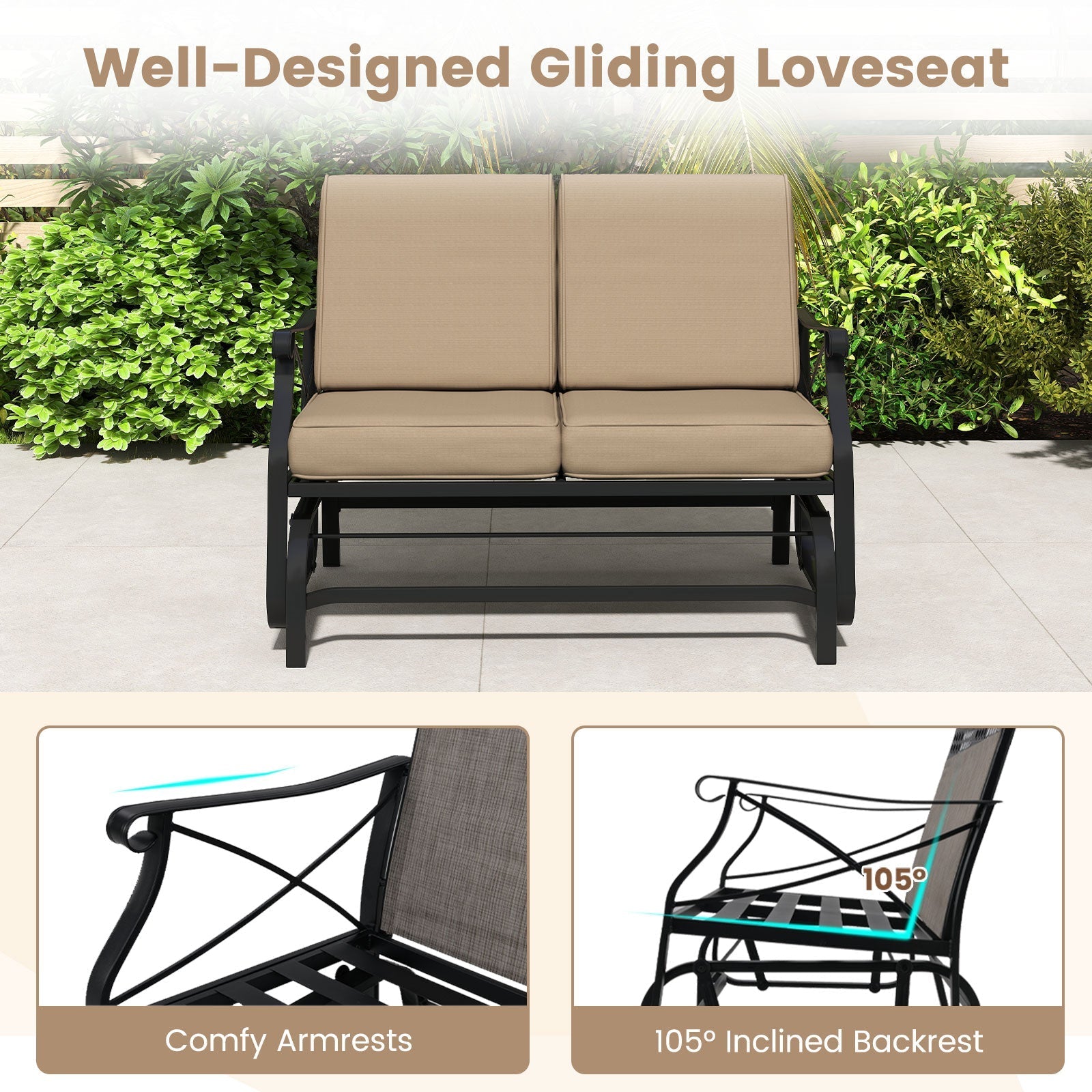 Outdoor 2-Person Glider Rocking Chair Loveseat with Thick Cushions and Metal Frame-Brown