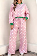 Polka Dot Long Sleeve Top and Wide Leg Pants Set