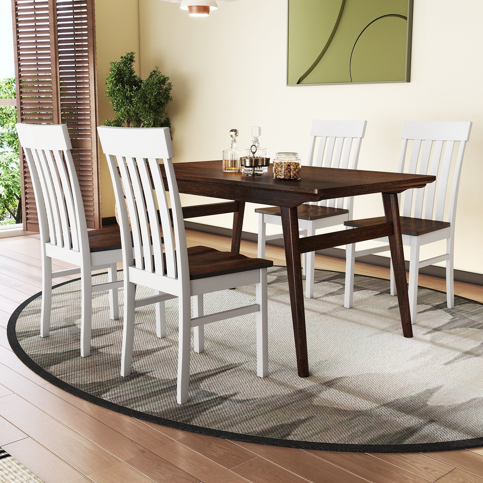 Set of 2 Kitchen Armless Dining Chairs with Slatted High Backrests-White
