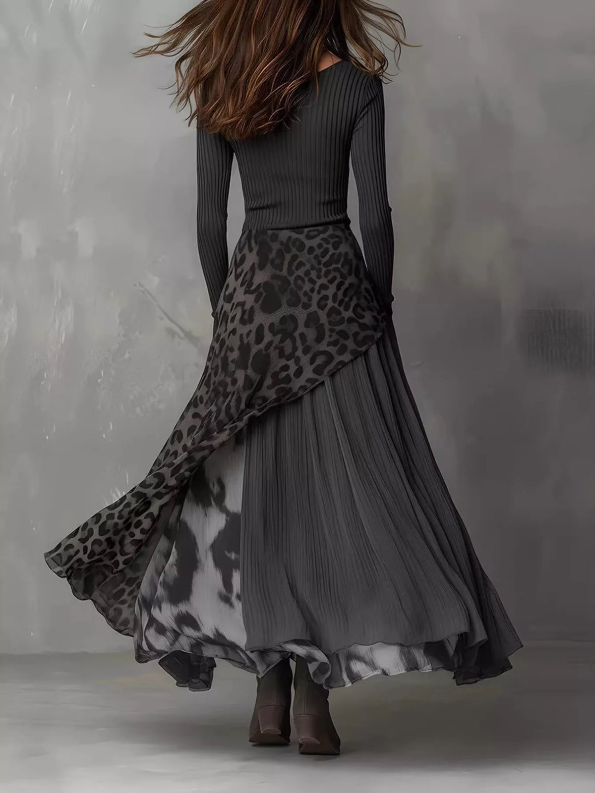 Ribbed Knit Leopard Print Patchwork Maxi Dress