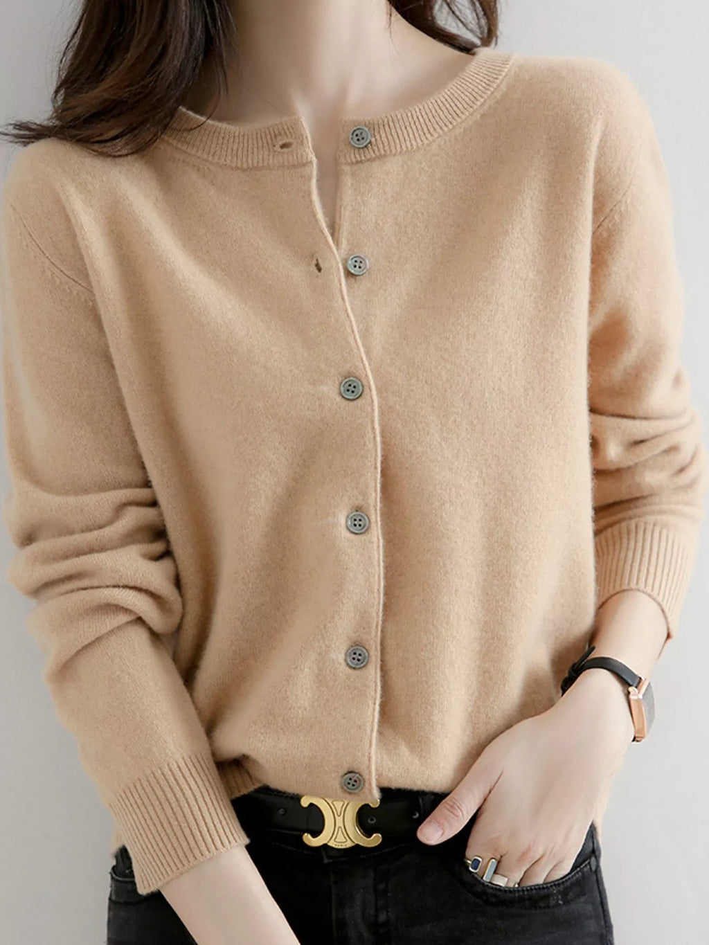 Crew-Neck Button-Down Cardigan