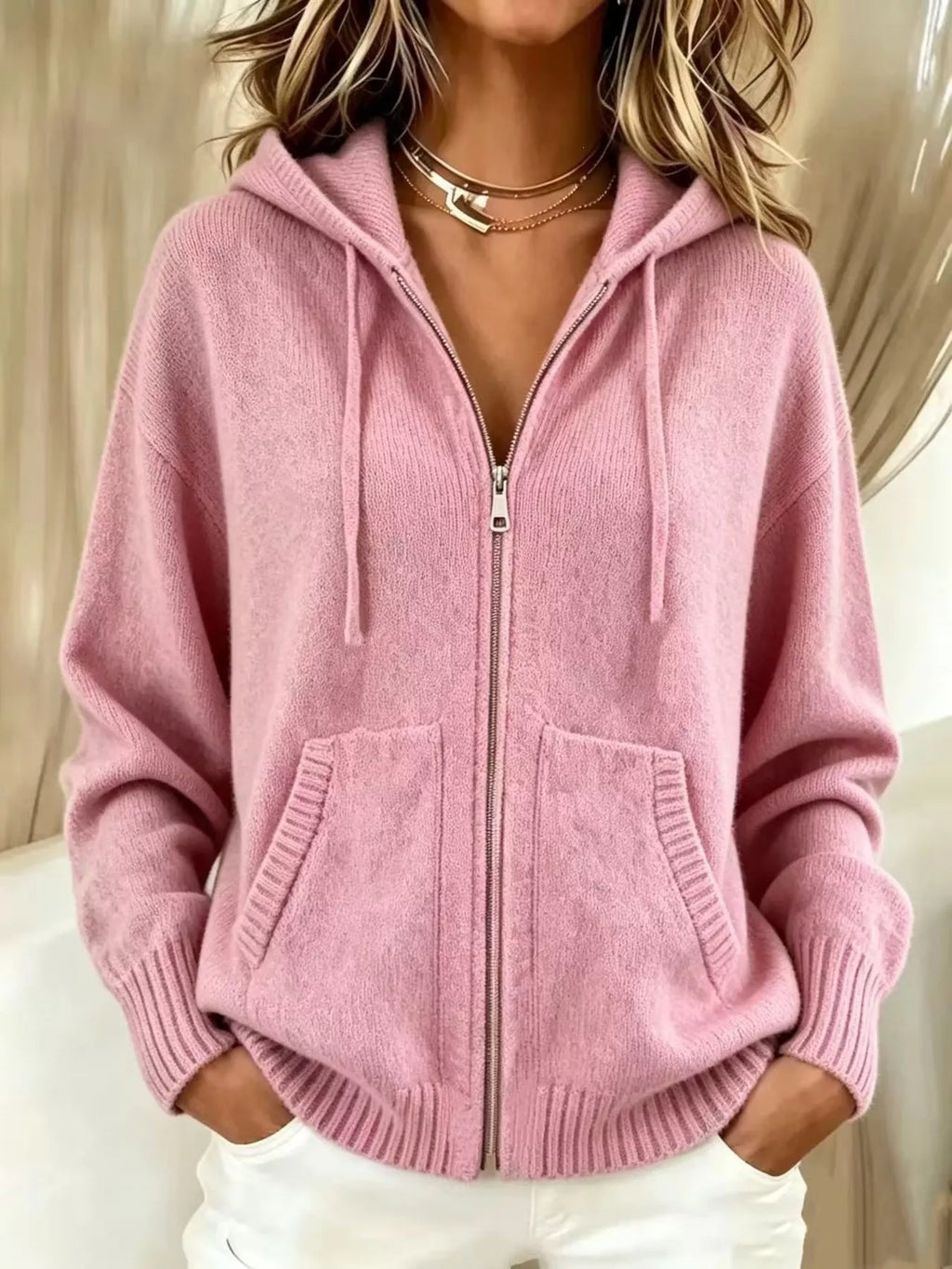 Zip-Up Hooded Knit Cardigan
