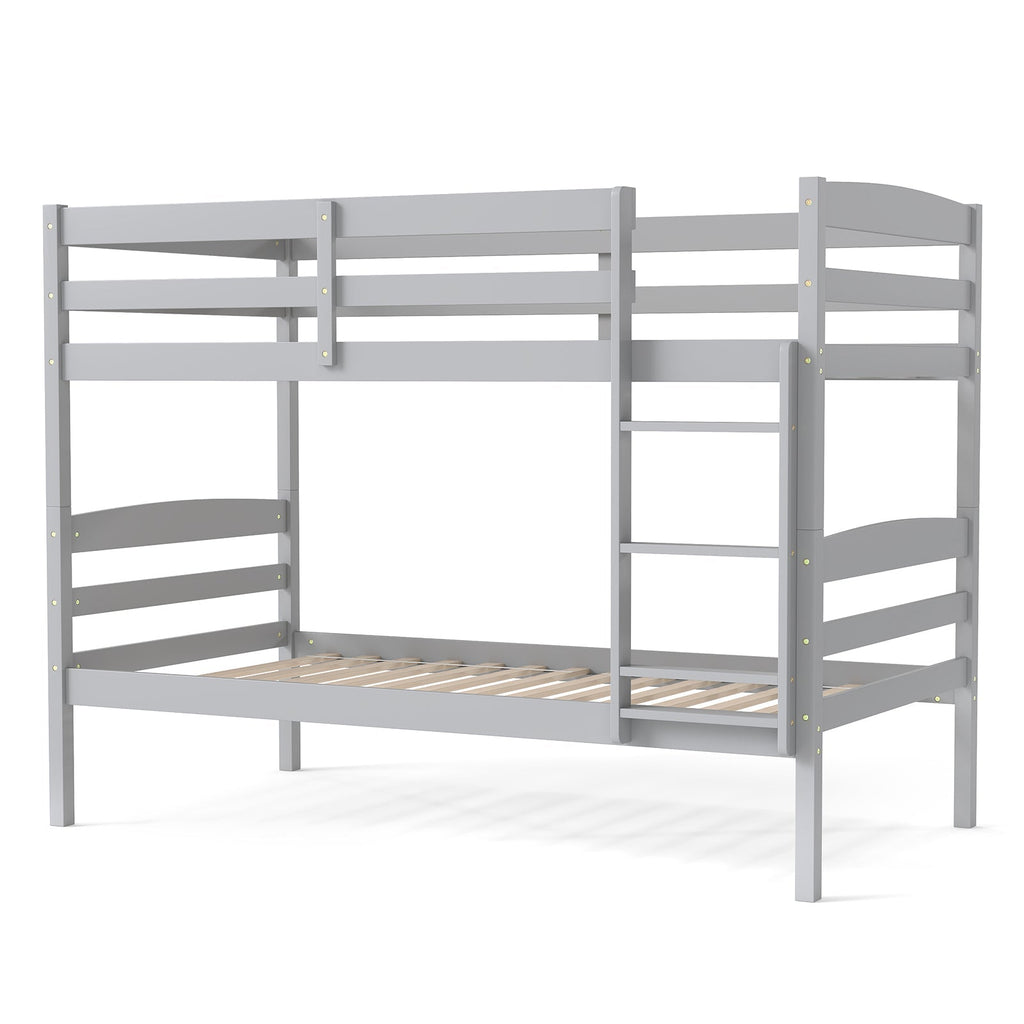 Solid Wood Twin Over Twin Bunk Bed Frame with High Guardrails and Integrated Ladder