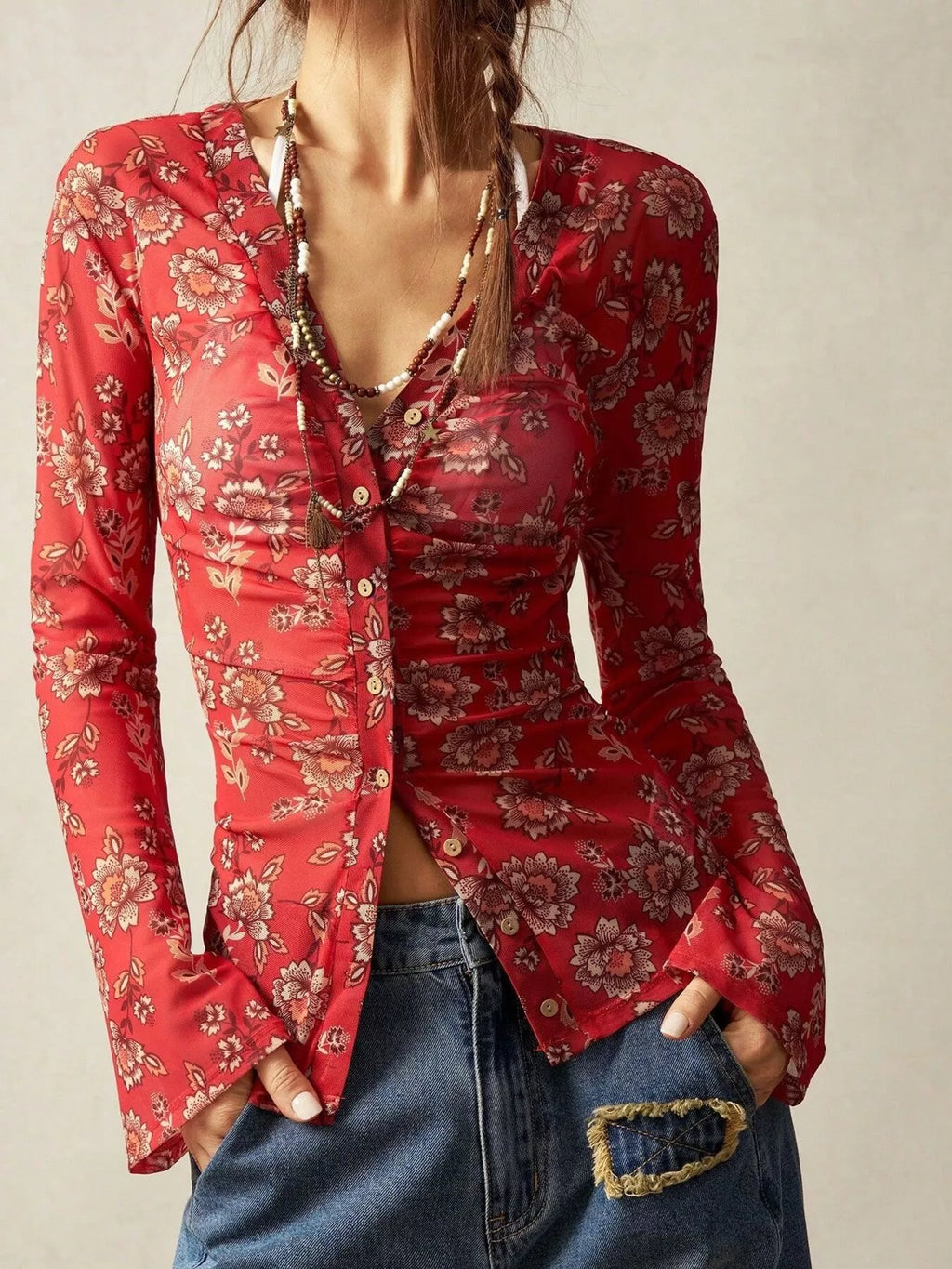 Printed Flare Sleeve Button Down Top