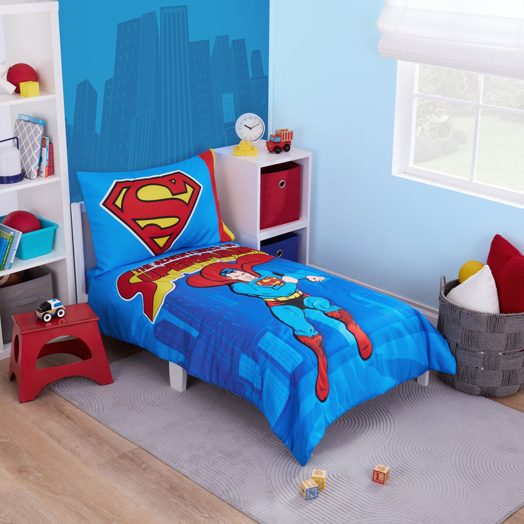NoJo Warner Bros Superman "Up In The Sky" 4 Piece Toddler Bed Set