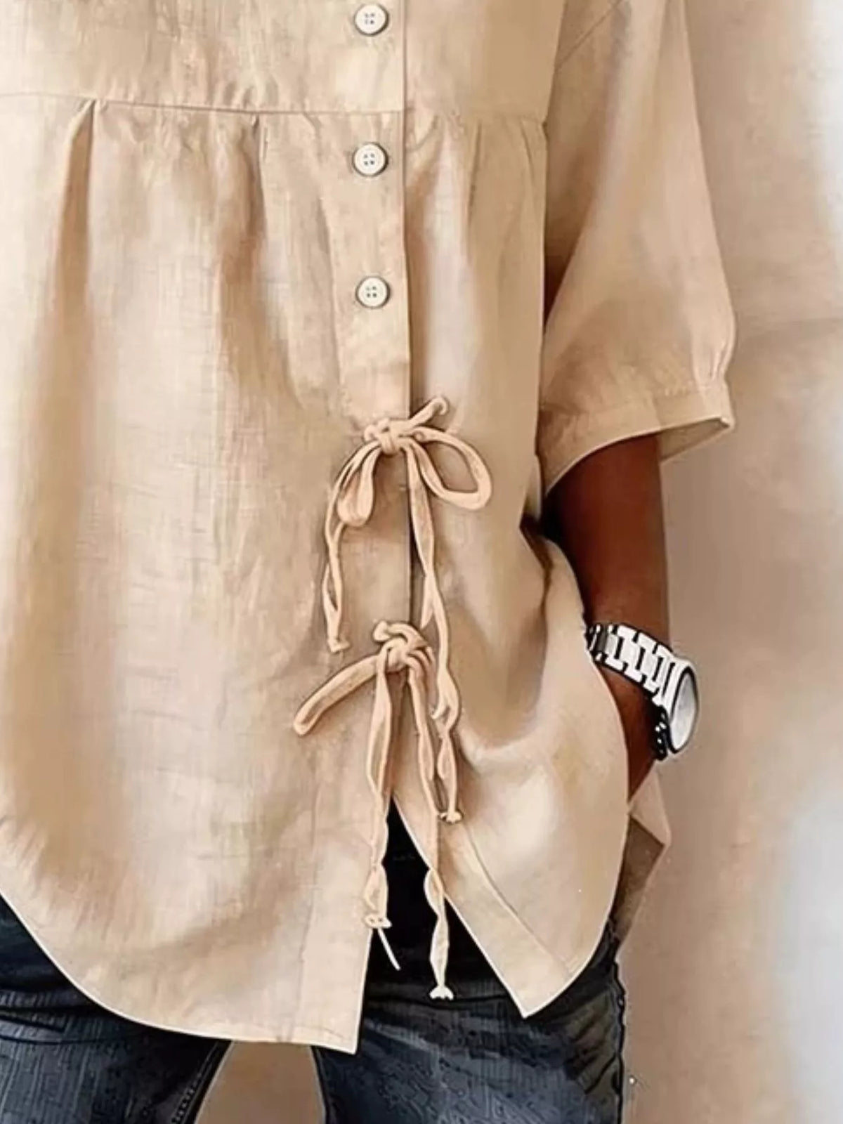 Full Size Decorative Button Tie-Front Blouse Plus Size