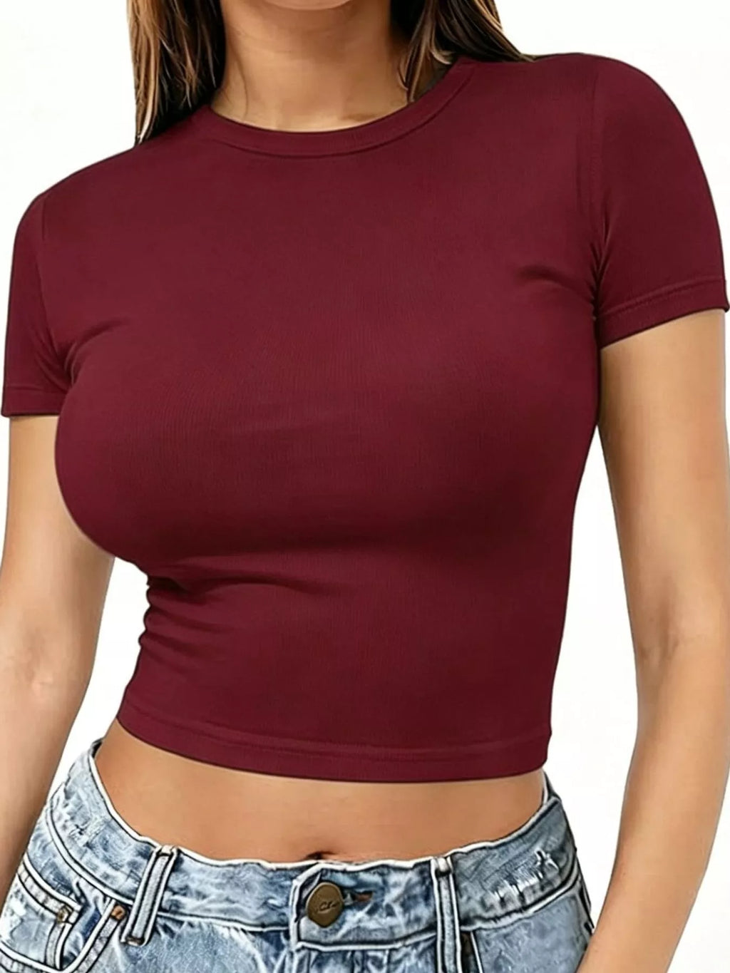 Slim Fit Basic Crew Neck Short Sleeve Crop T-Shirt