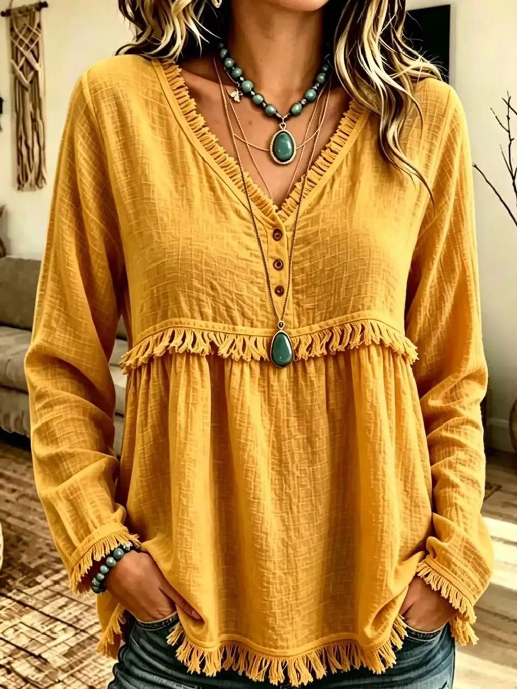 Full Size Fringed Trim V-Neck Long Sleeve Blouse Plus Size
