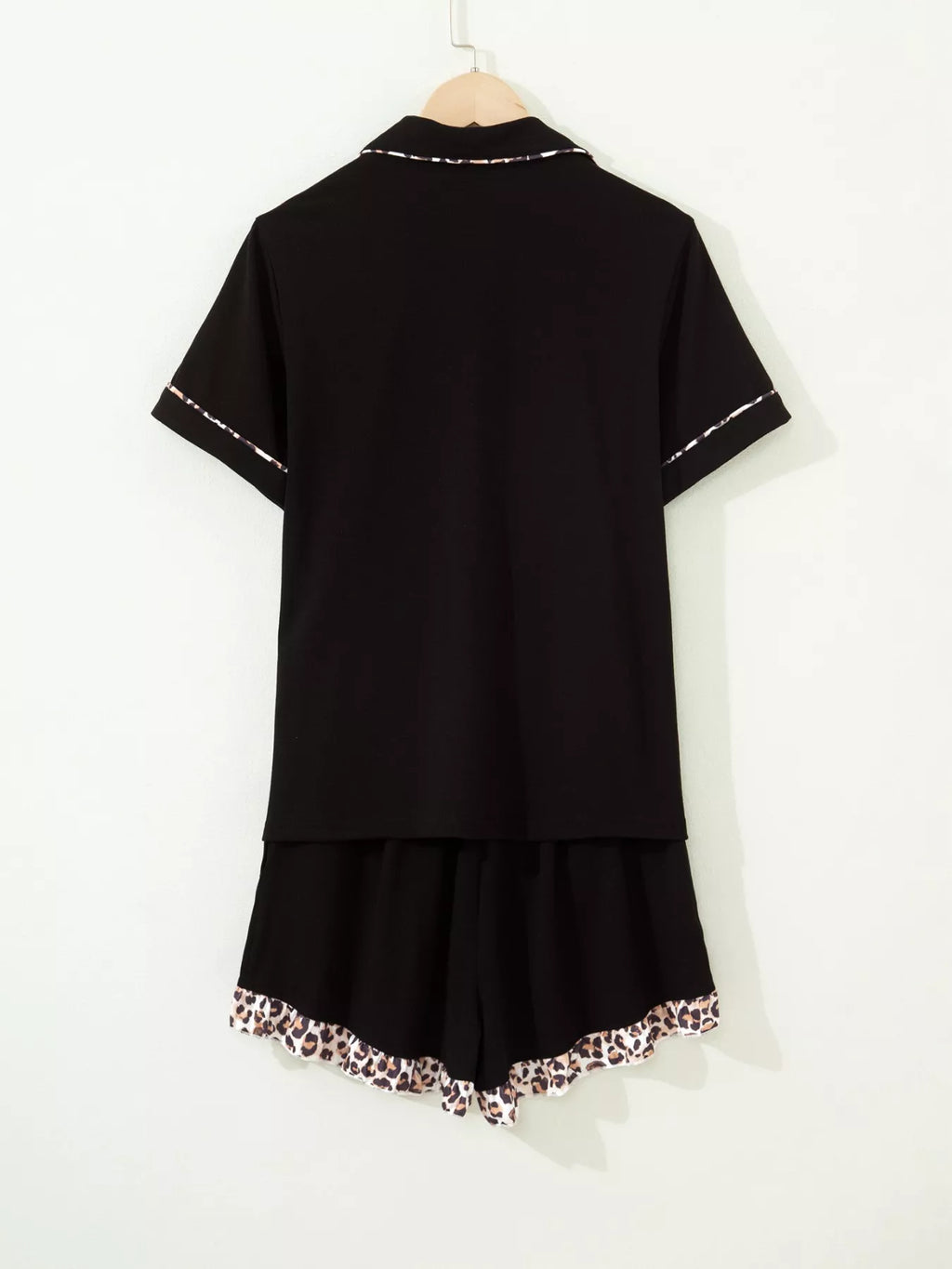 k Leopard Patchwork Trim Lapel Shirt Drawstring Shorts 2pcs Pajama Set
