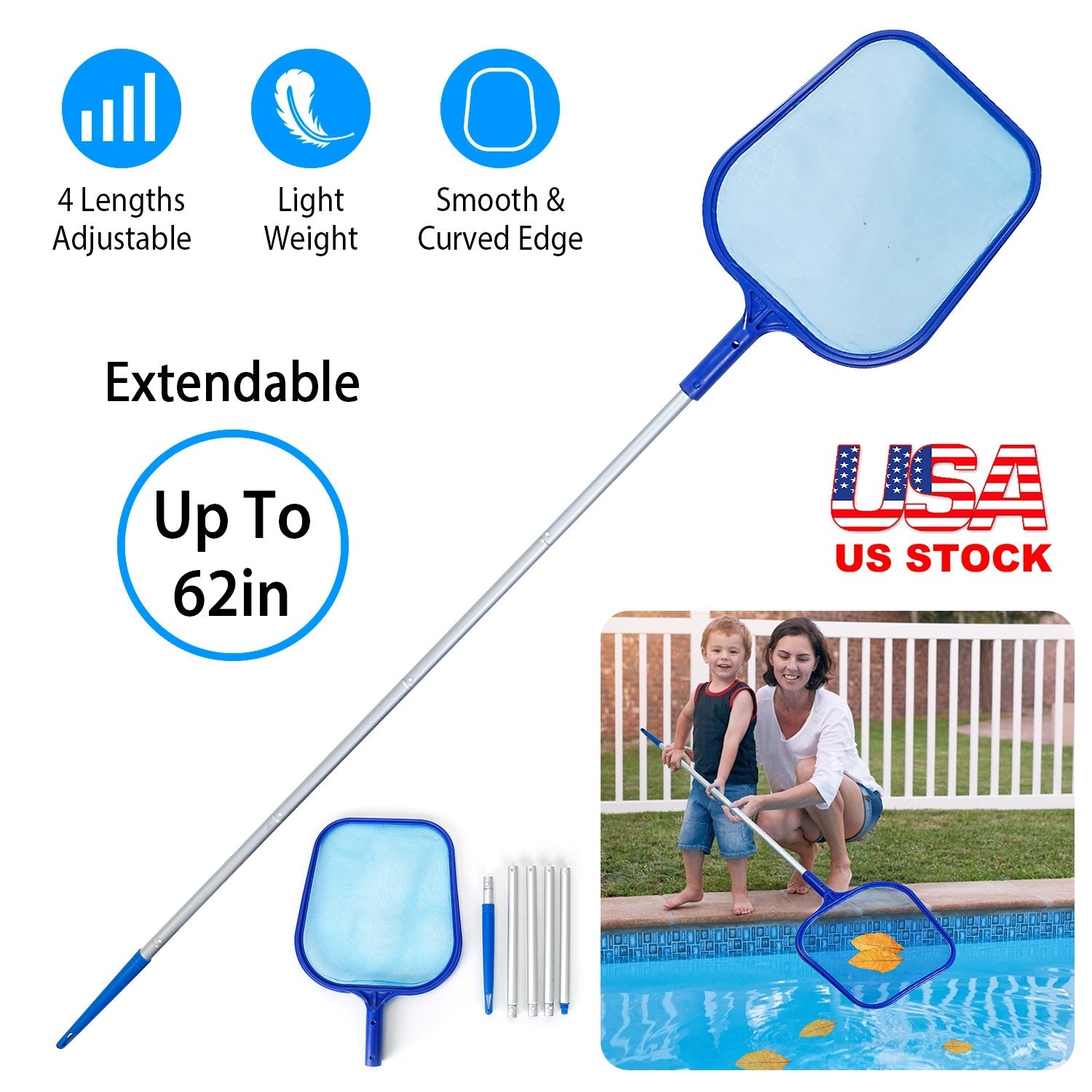 Swinging Pool Skimmer Cleaner Mesh Net Telescopic Pole