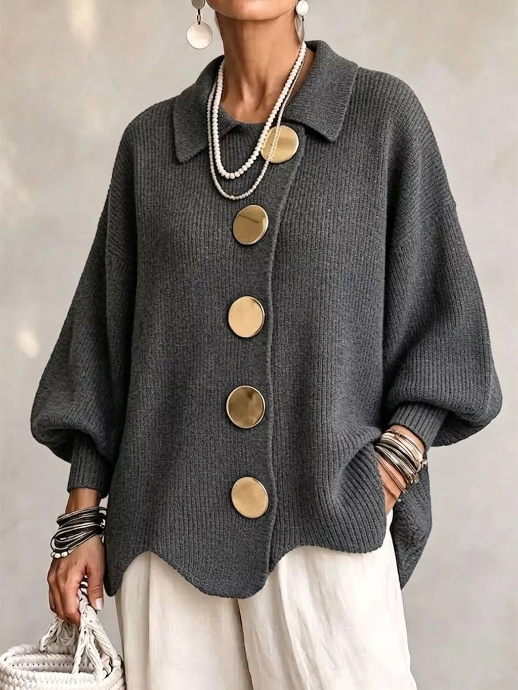 Full Size Gold Buttons Lantern Sleeve Cardigan Plus Size