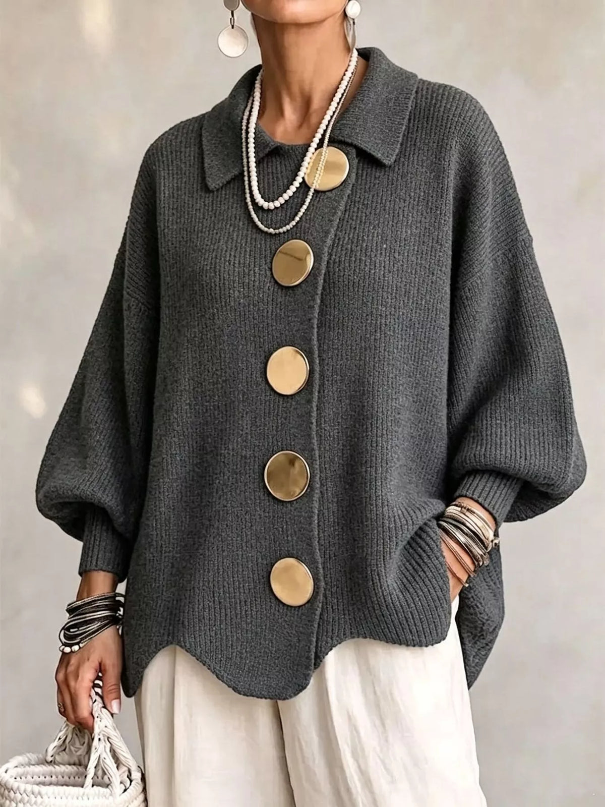 Full Size Gold Buttons Lantern Sleeve Cardigan Plus Size