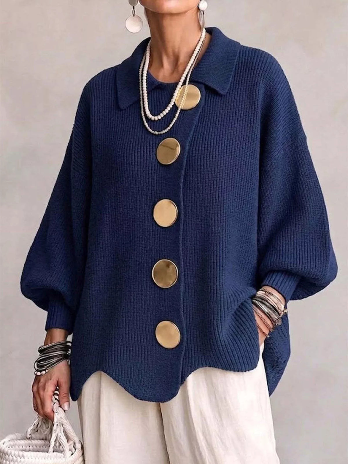 Full Size Gold Buttons Lantern Sleeve Cardigan Plus Size