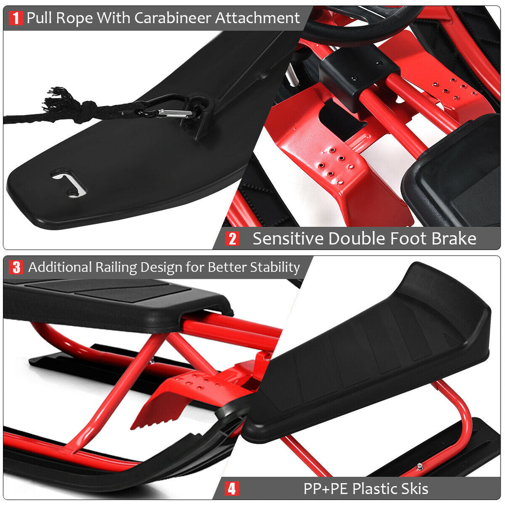 Kids Snow Sled with Steering Wheel and Double Brakes Pull Rope