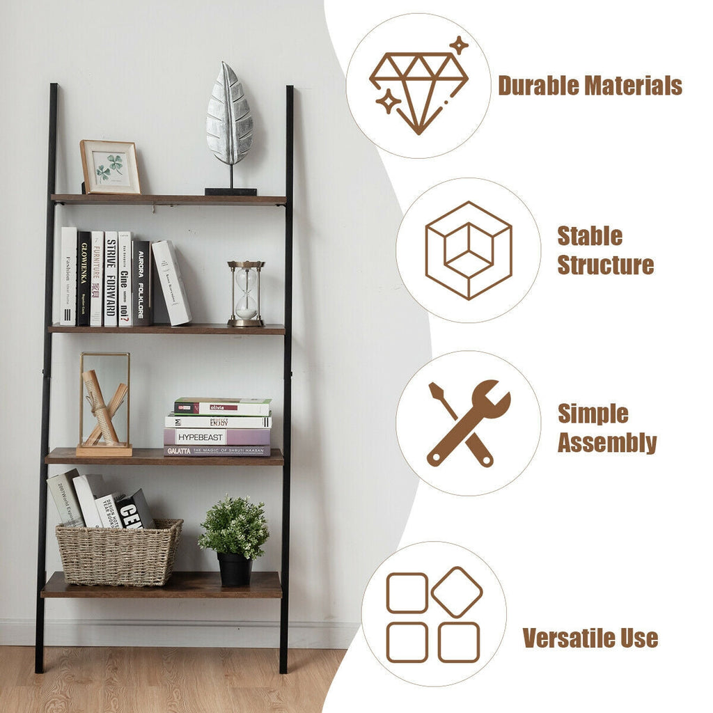 Multipurpose 4-Tier Industrial Leaning Wall Bookcase with Metal Frame