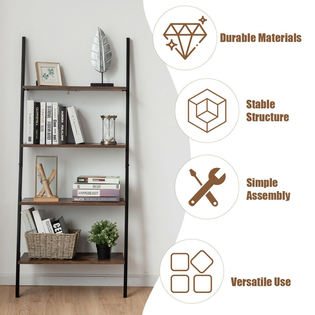 Multipurpose 4-Tier Industrial Leaning Wall Bookcase with Metal Frame