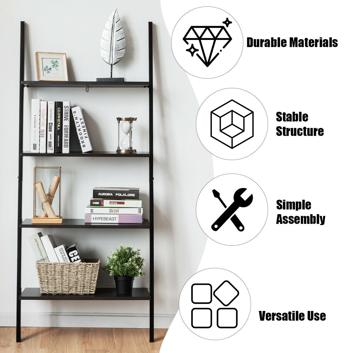 Multipurpose 4-Tier Industrial Leaning Wall Bookcase with Metal Frame