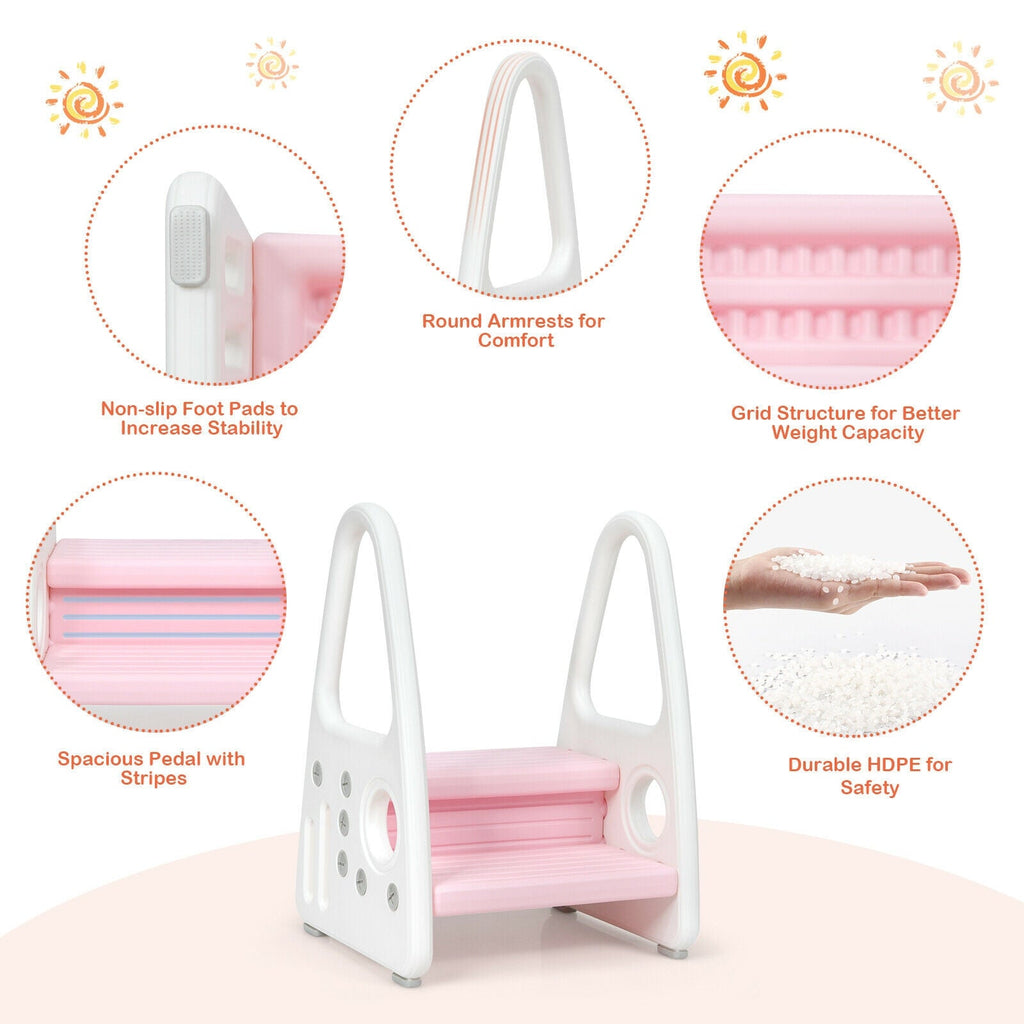 Kids Step Stool Learning Helper with Armrest for Kitchen Toilet Potty Training-Pink