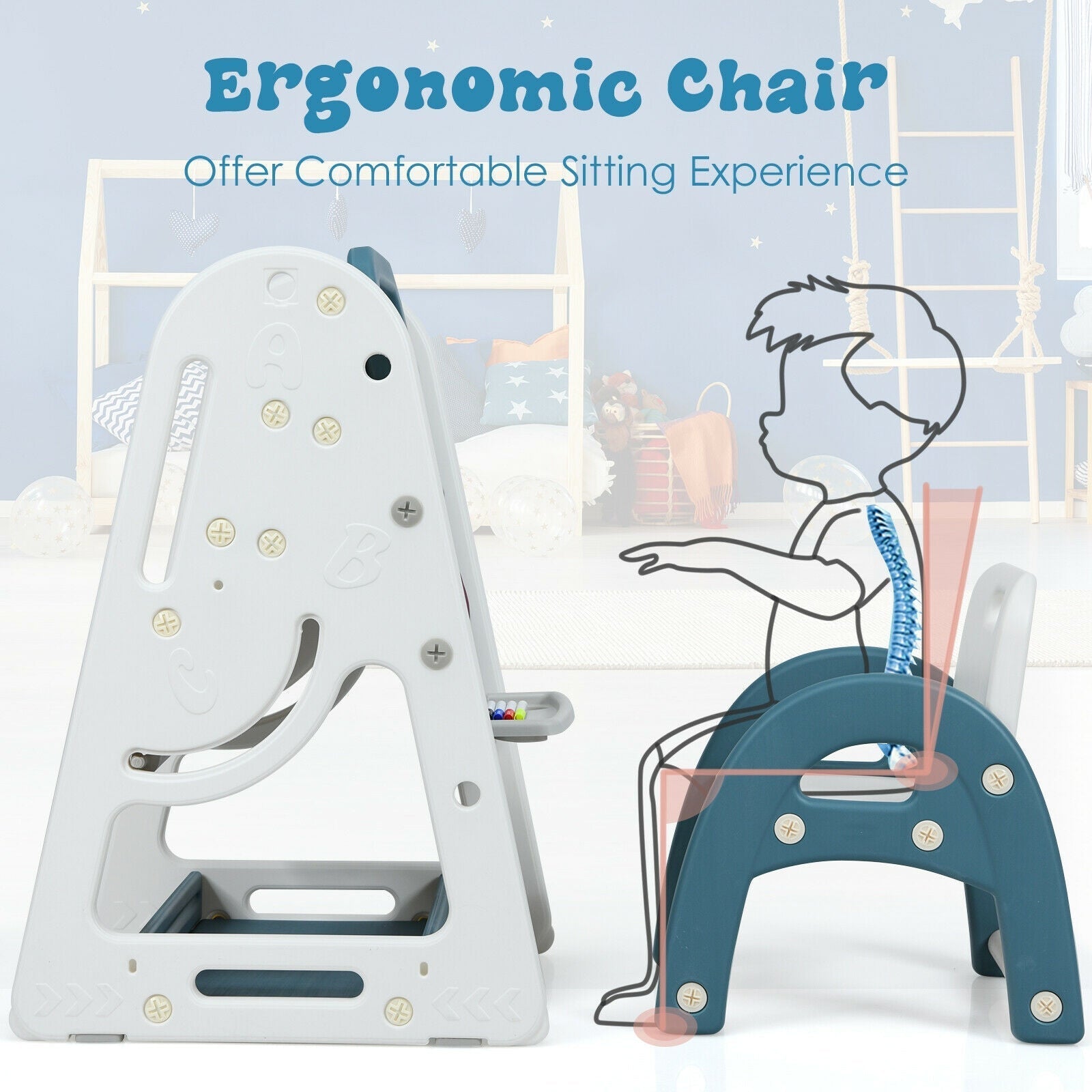 2-in-1 Kids Easel Desk Chair Set Book Rack Adjustable Art Painting Board