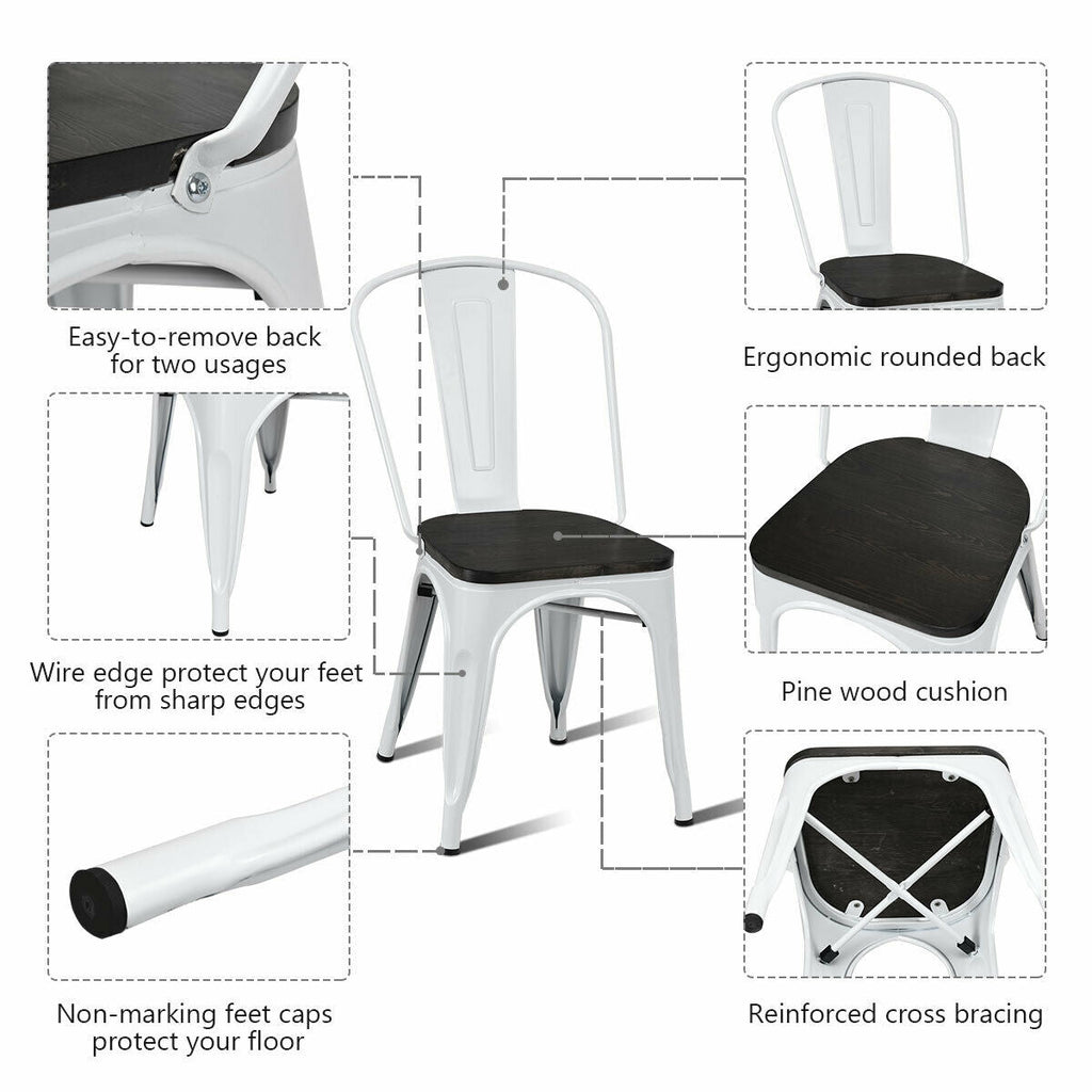 4 Pieces Tolix Style Metal Dining Side Chair Stackable Wood Seat